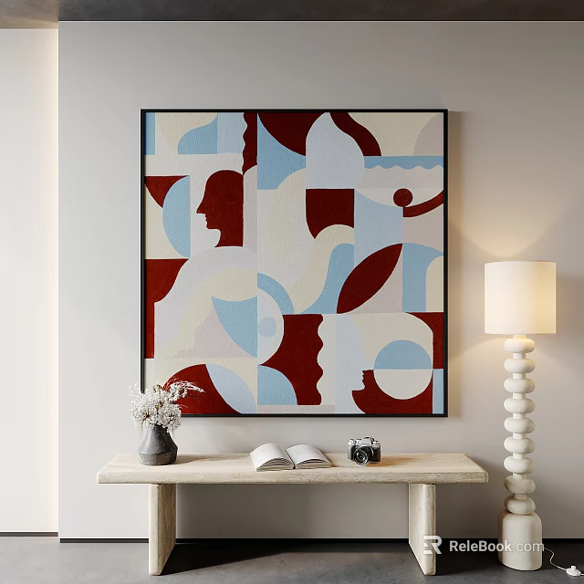 Abstract Geometric Painting On Wall With Console Table Open Book Camera And Floor Lamp 3d model