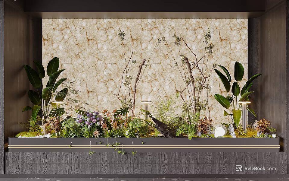 Indoor Landscape With Textured Beige Wall Green Plants Purple Flowers Branches And Dark Countertop 3d model 