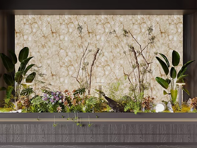 Indoor Landscape With Textured Beige Wall Green Plants Purple Flowers Branches And Dark Countertop 3d model