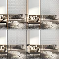Modern Sofa Coffee Table Set With Plush Pillows Hexagonal Screen And Area Rug