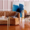 Brown Sofa Coffee Table Combination With Gold Frame Gray Blanket And Blue Abstract Painting