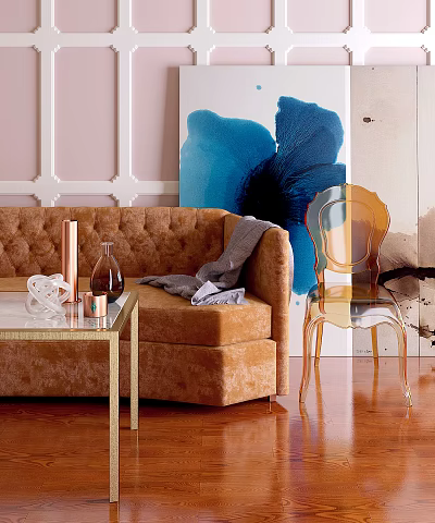 Brown Sofa Coffee Table Combination With Gold Frame Gray Blanket And Blue Abstract Painting 3d model