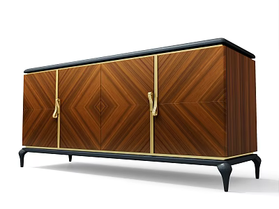 Elegant Wooden TV Cabinet With Geometric Pattern Gold Handles And Black Legs 3d model