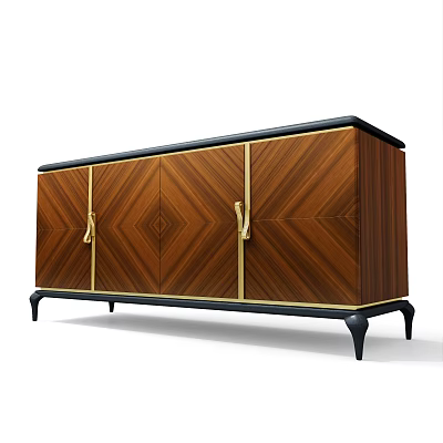 Elegant Wooden TV Cabinet With Geometric Pattern Gold Handles And Black Legs 3d model