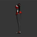Woman In Red And Black Clothing With Short Skirt Long Sleeves And Shoes