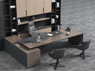 Modern Office Desk With Wooden Top Black Frame Ergonomic Chairs Laptop And Bookshelves 3d model