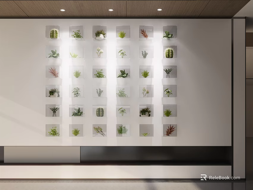 Indoor Wall Grid Small Compartments With Various Green Decorative Plants 3d model 