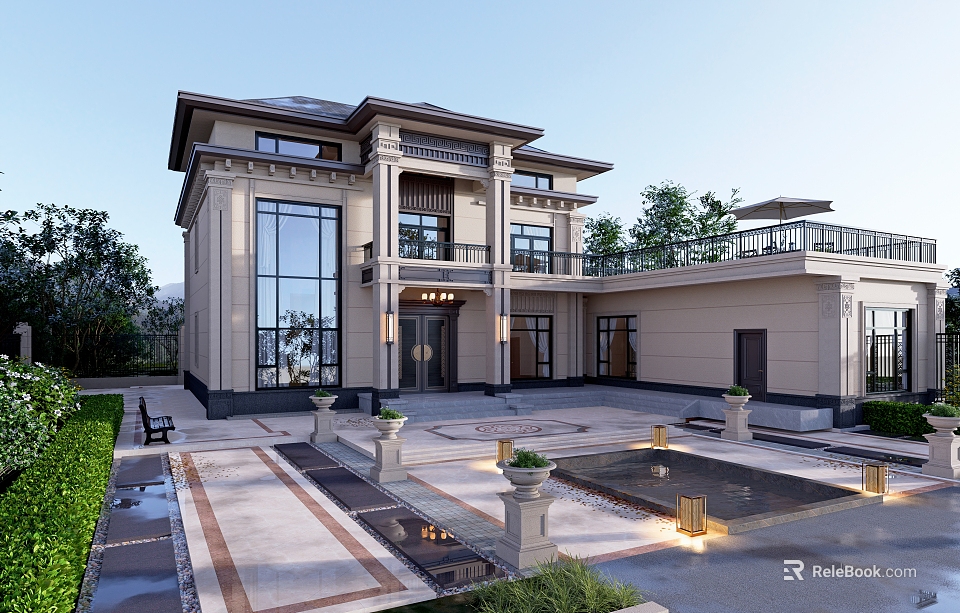 Luxury Two Story Detached Villa With Beige Exterior Large Glass Windows Front Courtyard Water Feature 3d model 