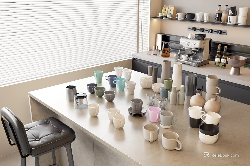 Many Colorful Cups On Kitchen Bar Counter With Coffee Machine And Window Blinds 3d model 
