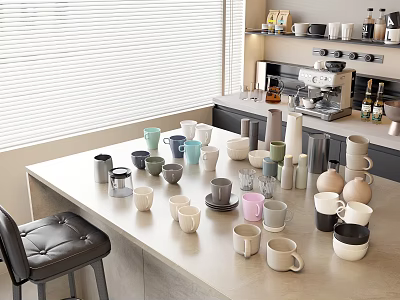 Many Colorful Cups On Kitchen Bar Counter With Coffee Machine And Window Blinds 3d model