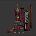 Cartoon Scene with Fairy Tale Castle Windows Red Scrolls Golden Lanterns and Decorative Vases