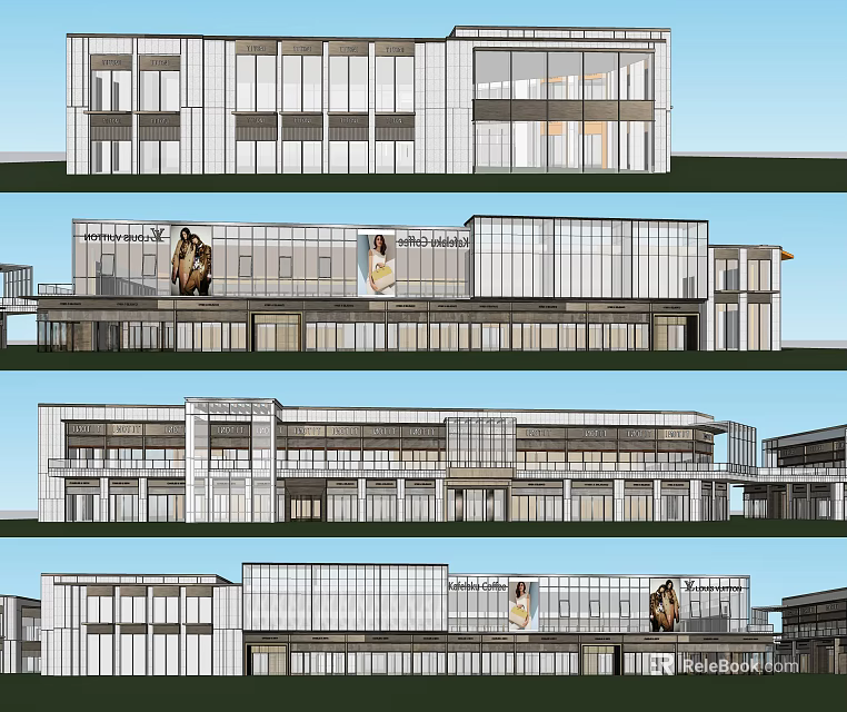 Modern Commercial Street Architecture With Glass Facade And Multi Story Storefronts 3d model 