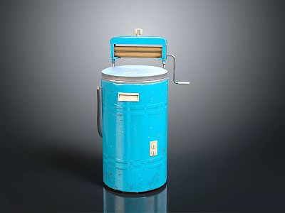 Blue Cylindrical Vintage Electronic Appliance With Top Roller Handle And Metal Base 3d model
