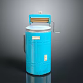 Blue Cylindrical Vintage Electronic Appliance With Top Roller Handle And Metal Base