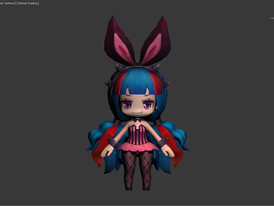 Chibi Game Character With Rabbit Ears Blue Red Pigtails Pink Black Outfit And Fishnet Stockings 3d model