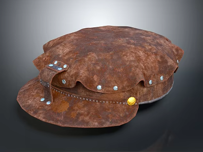 Vintage Brown Leather Hat with Silver Rivets and Gold Button Design 3d model