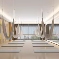 Bright Yoga Practice Room with Hammocks Mats Wooden Walls Large Windows and Mirrors
