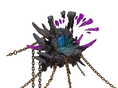 Architectural Component With Dark Rock Structure Blue Glowing Core Purple Spiky Elements And Golden Chains 3d model