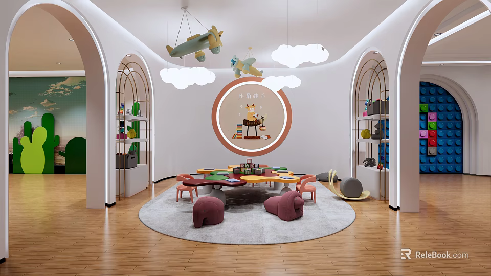 Bright Kindergarten Interior With Colorful Chairs Small Tables Cloud Pendant Lights And Airplane Models 3d model 