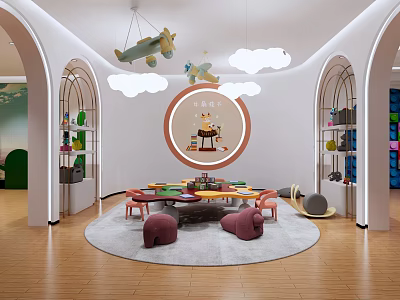 Bright Kindergarten Interior With Colorful Chairs Small Tables Cloud Pendant Lights And Airplane Models 3d model