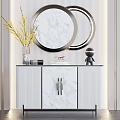 Modern Console Table Side Cabinet With Marble Surface Circular Mirror And Decorative Vase 3d model