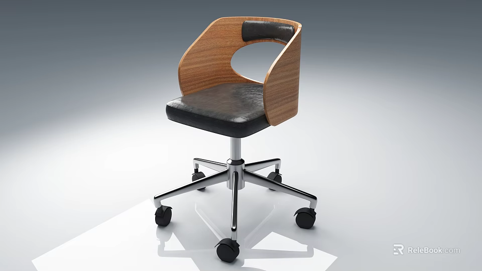 Modern Office Chair With Wooden Backrest Black Seat And Metal Base Wheels 3d model 