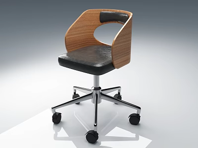 Modern Office Chair With Wooden Backrest Black Seat And Metal Base Wheels 3d model