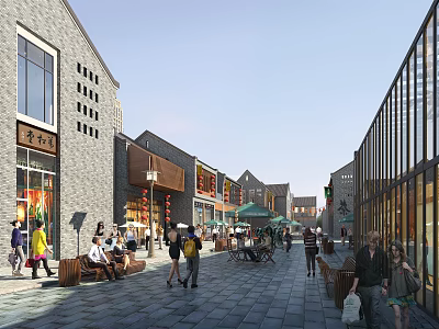 Vibrant Commercial Street With Traditional Modern Architecture Pedestrians Stone Paved Road And Outdoor Seats 3d model