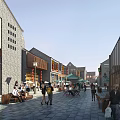 Vibrant Commercial Street With Traditional Modern Architecture Pedestrians Stone Paved Road And Outdoor Seats