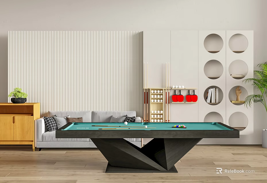 Modern Billiard Room Interior With Green Felt Table Black Geometric Base And Gray Sofa 3d model 