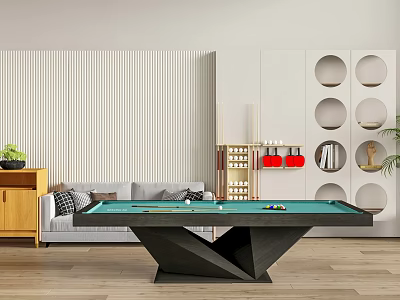 Modern Billiard Room Interior With Green Felt Table Black Geometric Base And Gray Sofa 3d model