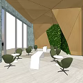 Modern Sales Office Interior With Large Windows Chandelier Reception Desk And Wooden Flooring