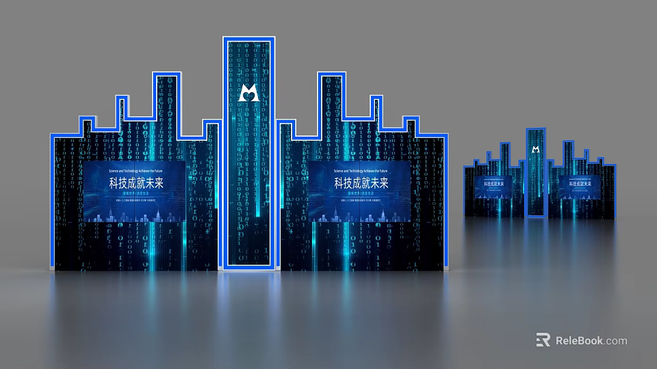 Futuristic Tech Style Background Wall With Blue Illuminated City Silhouette Digital Streams And Future Text 3d model 