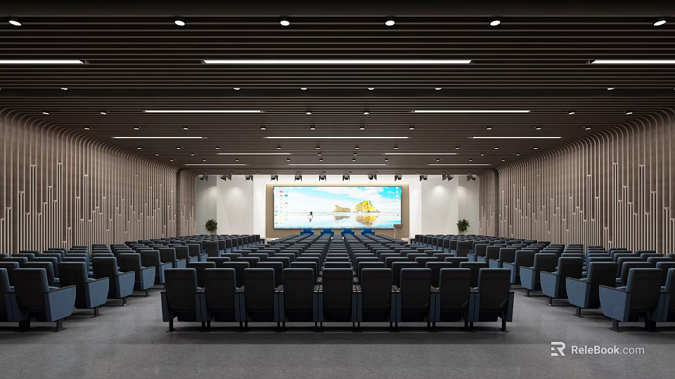 Modern Conference Room Interior With Large Projection Screen Rows of Black Chairs and Ceiling Lighting 3d model 