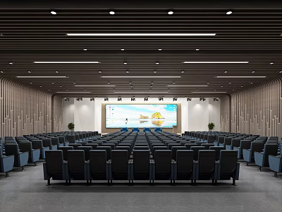 Modern Conference Room Interior With Large Projection Screen Rows of Black Chairs and Ceiling Lighting 3d model