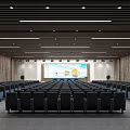 Modern Conference Room Interior With Large Projection Screen Rows of Black Chairs and Ceiling Lighting