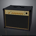 Classic Dark Blue Electronic Guitar Amplifier With Wooden Panel Control Knobs And Speaker Grille