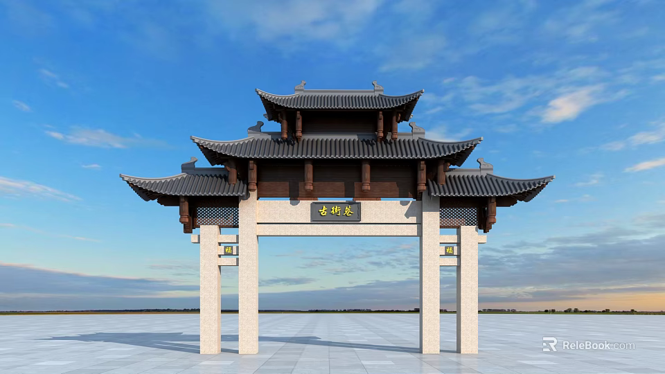 Traditional Chinese Paifang Archway With Multi tiered Roof And Stone Pillars At Square Entrance 3d model 