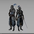 Medieval Knightly Weapons Held by Armored Knights in Blue and Silver Armor