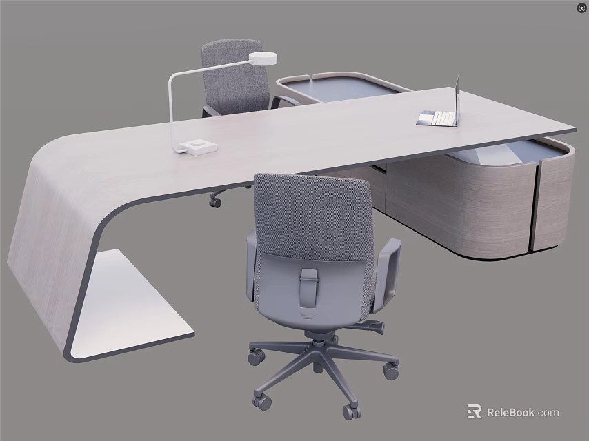 Modern Office Desk Curved Design with Ergonomic Chairs Desk Lamp Laptop and Storage 3d model 