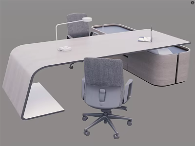 Modern Office Desk Curved Design with Ergonomic Chairs Desk Lamp Laptop and Storage 3d model