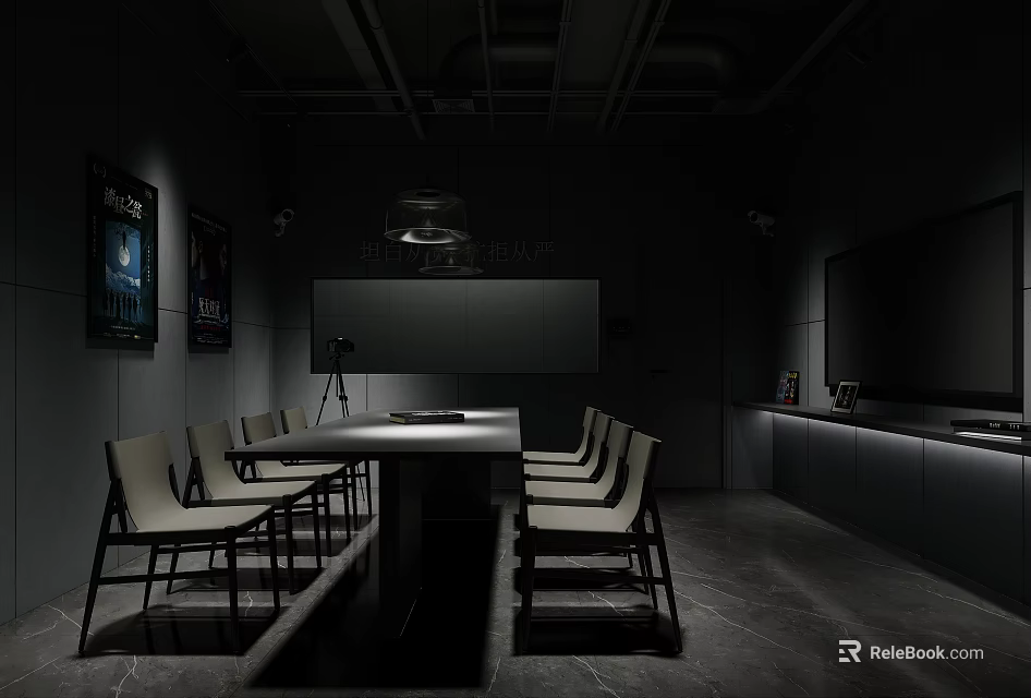 Modern Dark Dining Space With Long Table Chairs Hanging Lamp And Decorative Posters 3d model 