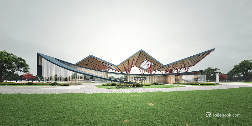 Modern Sales Office Building With Unique Roof Design Wooden Structure Green Lawn Entrance Area 3d model 