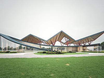 Modern Sales Office Building With Unique Roof Design Wooden Structure Green Lawn Entrance Area 3d model