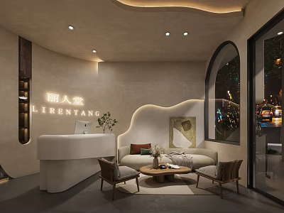 Elegant Beauty Hair Salon Reception Area With Modern Sofa Chairs And Coffee Table 3d model