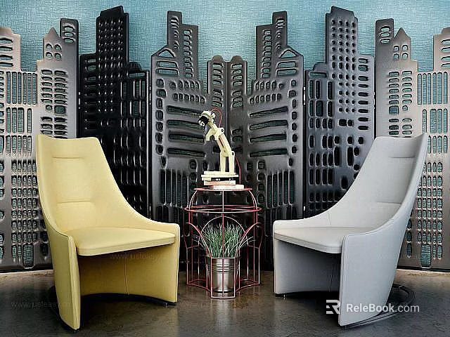 Tech Exhibition Hall Interior With Modern Yellow And Gray Chairs Table Sculpture And City Skyline 3d model 