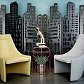 Tech Exhibition Hall Interior With Modern Yellow And Gray Chairs Table Sculpture And City Skyline