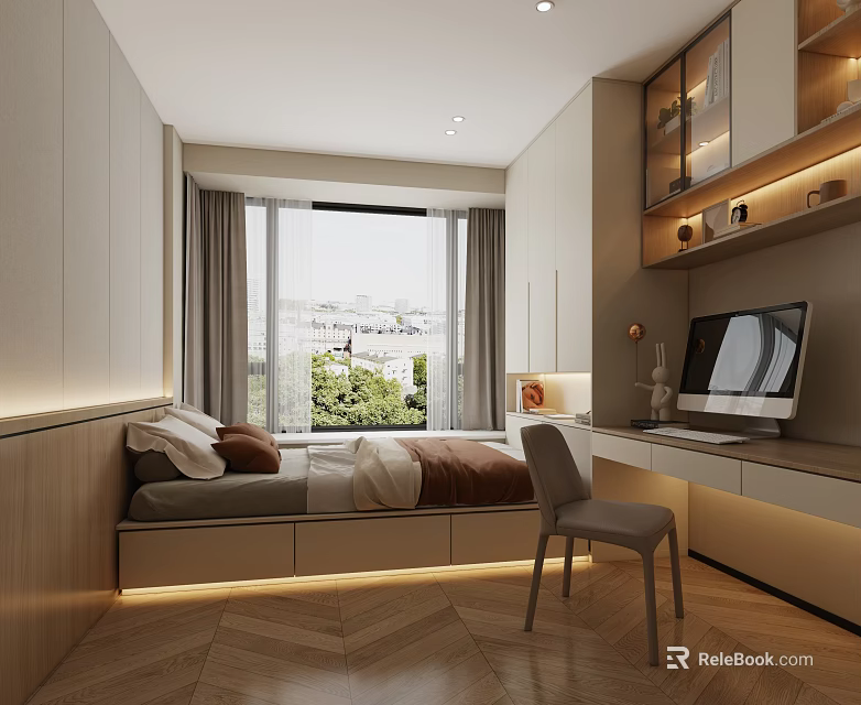 Tatami Bedroom Interior With Tatami Bed Window View Desk Chair And Storage Cabinets 3d model 