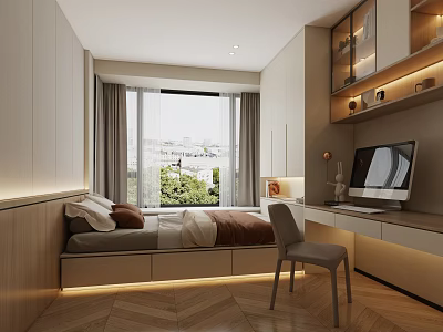 Tatami Bedroom Interior With Tatami Bed Window View Desk Chair And Storage Cabinets 3d model