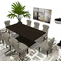 Elegant Dark Wooden Dining Table Set With Upholstered Chairs Palm Plant Wall Art And Lamp
